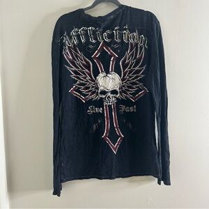 Affliction Shirt Live Fast Long Sleeve Y2K Lost Souls Goth Cross Skull Gray L